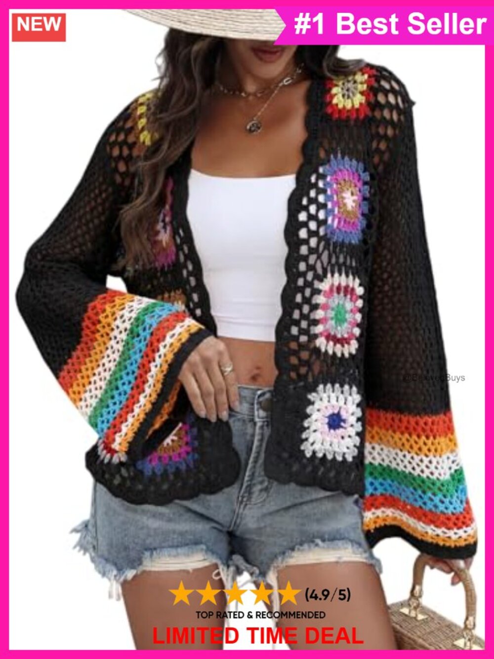 Crochet Cardigan Women Lightweight Boho Floral Open Front Long Sleeve